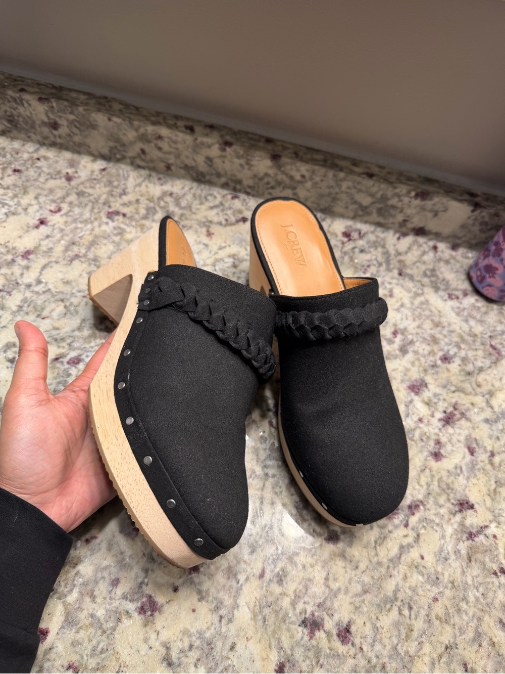 Jcrew Black Block Heel Clogs Mule Suede Wood Shoes Sandals Chunky